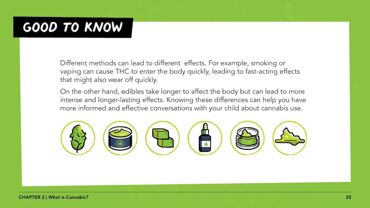 Good to know: Different methods can lead to different effects. For example, smoking or vaping can cause THC to enter the body quickly, leading to fast-acting effects that might also wear off quickly.On the other hand, edibles take longer to affect the body but can lead to more intense and longer-lasting effects. Knowing these differences can help you have more informed and effective conversations with your child about cannabis use.