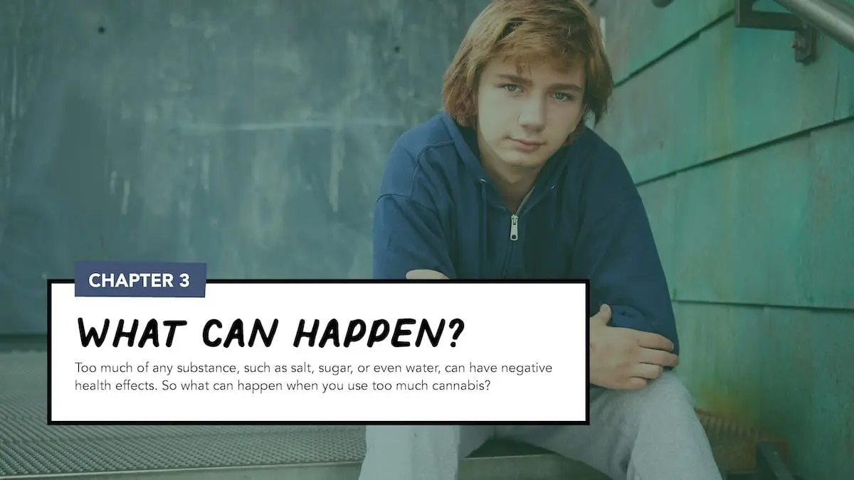 Chapter 3 - What can happen? Too much of any substance, such as salt, sugar, or even water, can have negative health effects. So what can happen when you use too much cannabis?