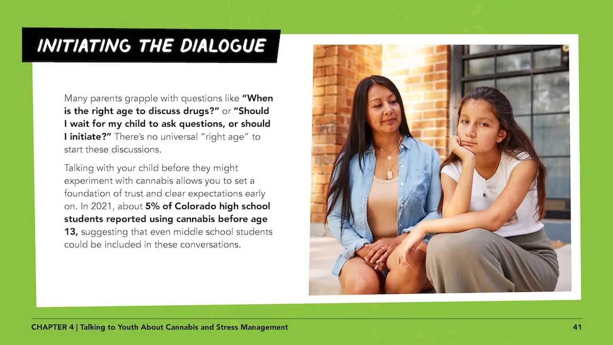 Initiating the dialogue: Many parents grapple with questions like “When is the right age to discuss drugs?” or “Should I wait for my child to ask questions, or should I initiate?” There’s no universal “right age” to start these discussions. Talking with your child before they might experiment with cannabis allows you to set a foundation of trust and clear expectations early on. In 2021, about 5% of Colorado high school students reported using cannabis before age 13, suggesting that even middle school students could be included in these conversations.