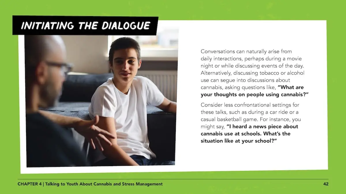 Initiating the dialogue: Conversations can naturally arise from daily interactions, perhaps during a movie night or while discussing events of the day. Alternatively, discussing tobacco or alcohol use can segue into discussions about cannabis, asking questions like, “What are your thoughts on people using cannabis?”Consider less confrontational settings for these talks, such as during a car ride or a casual basketball game. For instance, you might say, “I heard a news piece about cannabis use at schools. What’s the situation like at your school?”