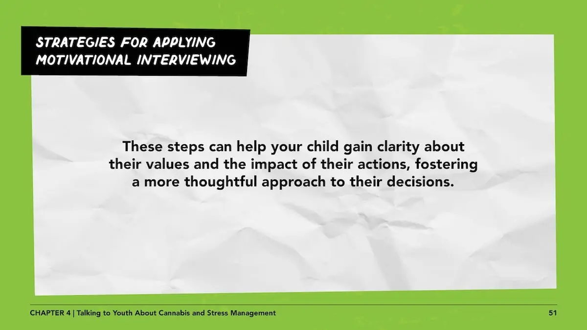 Strategies for applying motivational interviewing. These steps can help your child gain clarity about their values and the impact of their actions, fostering a more thoughtful approach to their decisions.