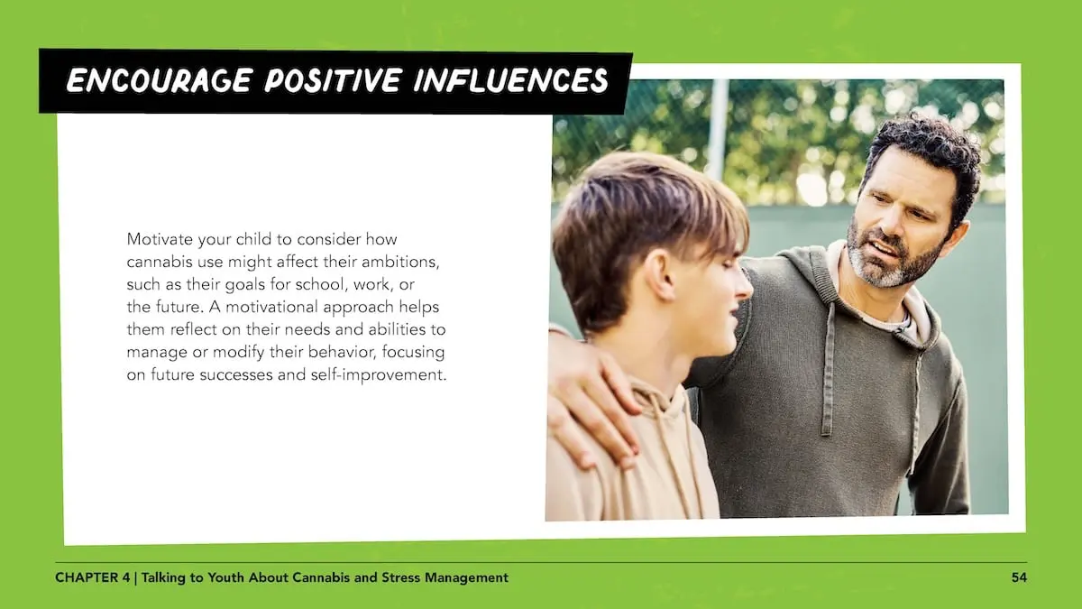 Encourage positive influences: Motivate your child to consider how cannabis use might affect their ambitions, such as their goals for school, work, or the future. A motivational approach helps them reflect on their needs and abilities to manage or modify their behavior, focusing on future successes and self-improvement.