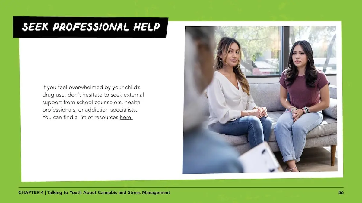 Seek professional help: If you feel overwhelmed by your child’s drug use, don’t hesitate to seek external support from school counselors, health professionals, or addiction specialists. You can find a list of resources here (https://teaonthc.org/resources/).