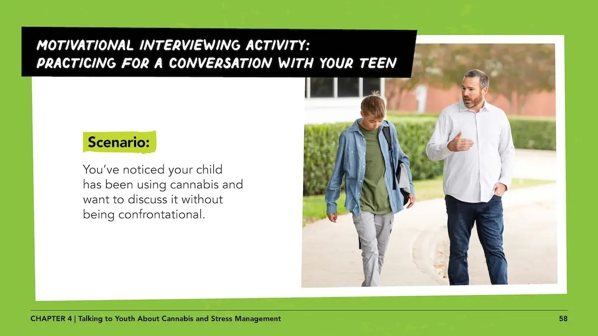 Motivational interviewing activity: practicing for a conversation with your teen. Scenario: You’ve noticed your child has been using cannabis and want to discuss it without being confrontational.