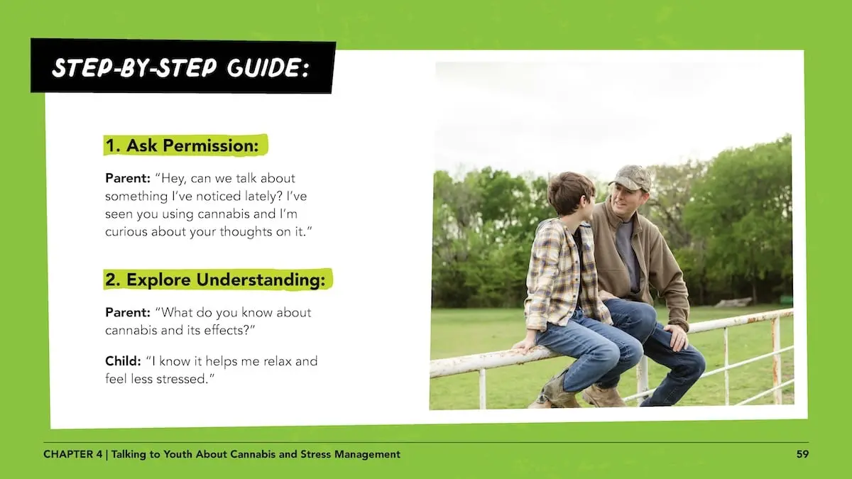 Step-by-step guide: 1. ask permission: parent: Hey, can we talk about something I’ve noticed lately? I’ve seen you using cannabis and I’m curious about your thoughts on it.”. 2. Explore understanding: Parent: “What do you know about cannabis and its effects?”Child: “I know it helps me relax and feel less stressed.”