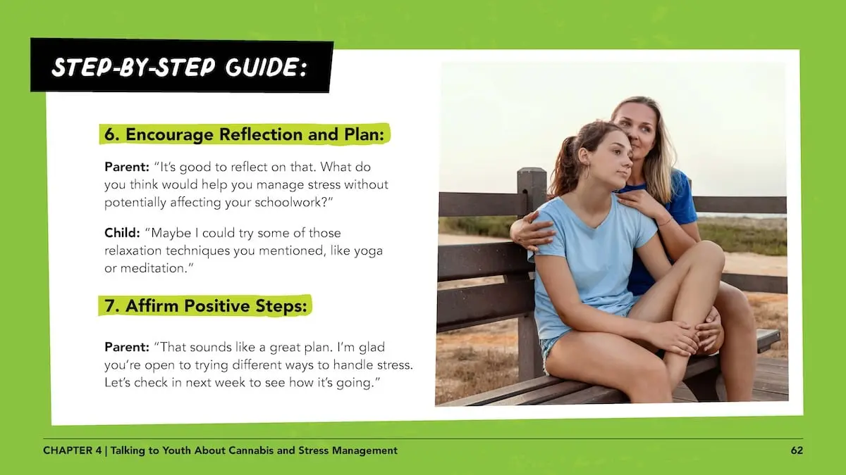 Step-by-step guide: 6. encourage reflection and plan: Parent: “It’s good to reflect on that. What do you think would help you manage stress without potentially affecting your schoolwork?”Child: “Maybe I could try some of those relaxation techniques you mentioned, like yoga or meditation.” 7. affirm positive steps: Parent: “That sounds like a great plan. I’m glad you’re open to trying different ways to handle stress. Let’s check in next week to see how it’s going.”