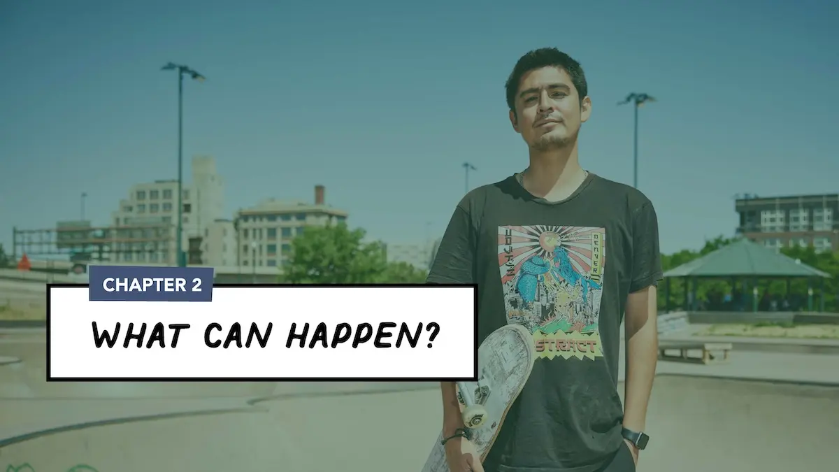 Teen facing camera holding skateboard with the text "What can happen?" overlaid on top