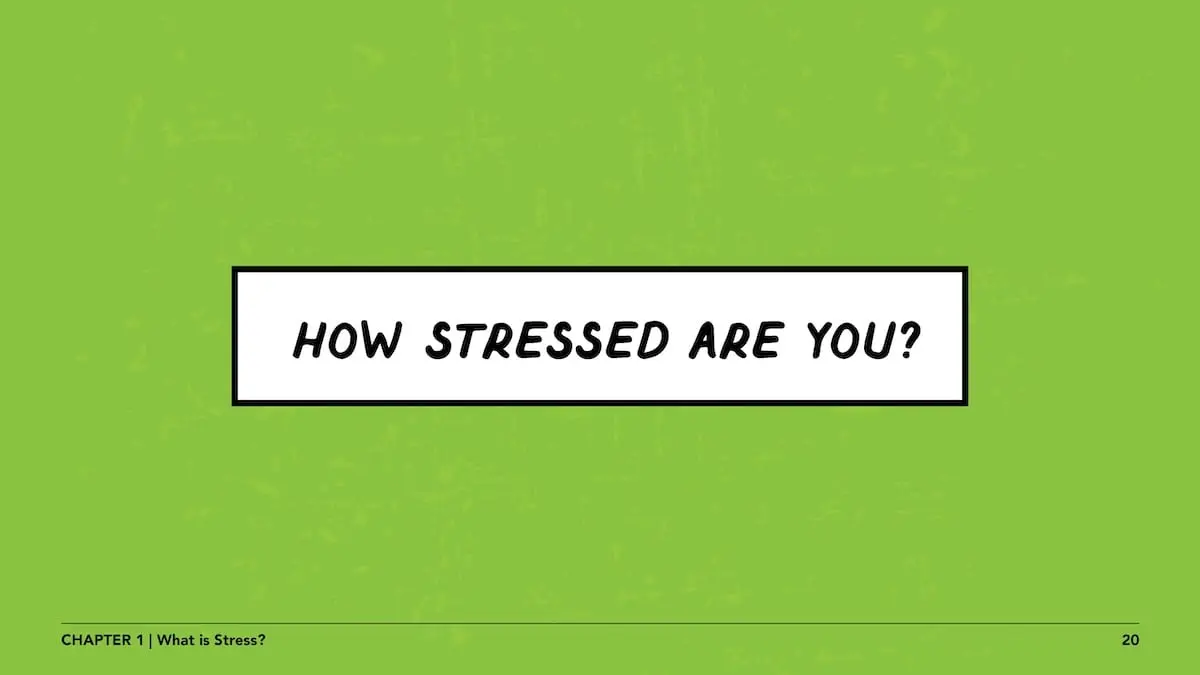 Green page with a white text box in the middle with the words "How stressed are you?"